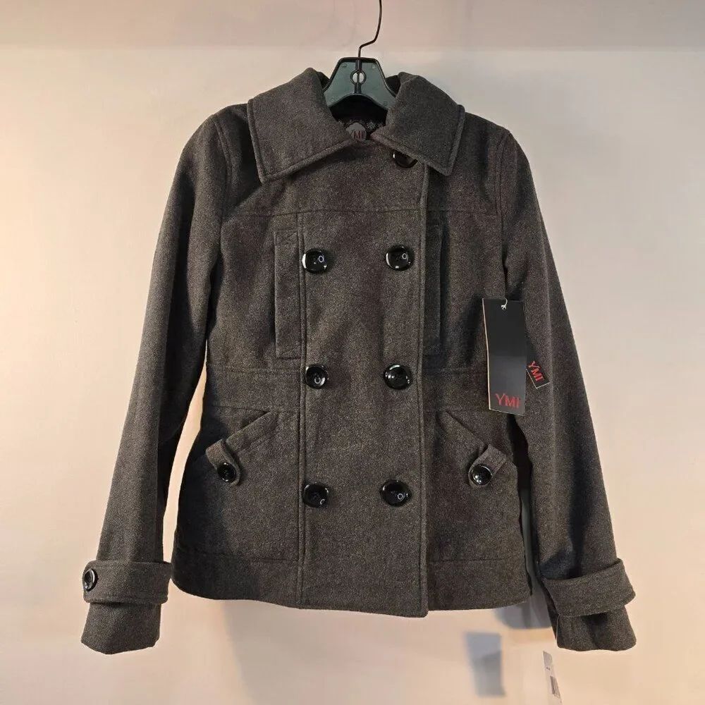YMI Pea Coat Juniors Sz S Double Breasted w Back Tab Charcoal Gray Wool Blend